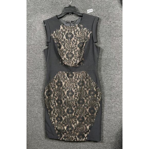 Adrianna Papell Lace Sheath Dress Womens Size 16 Black & Tan Sleeveless - Picture 1 of 7